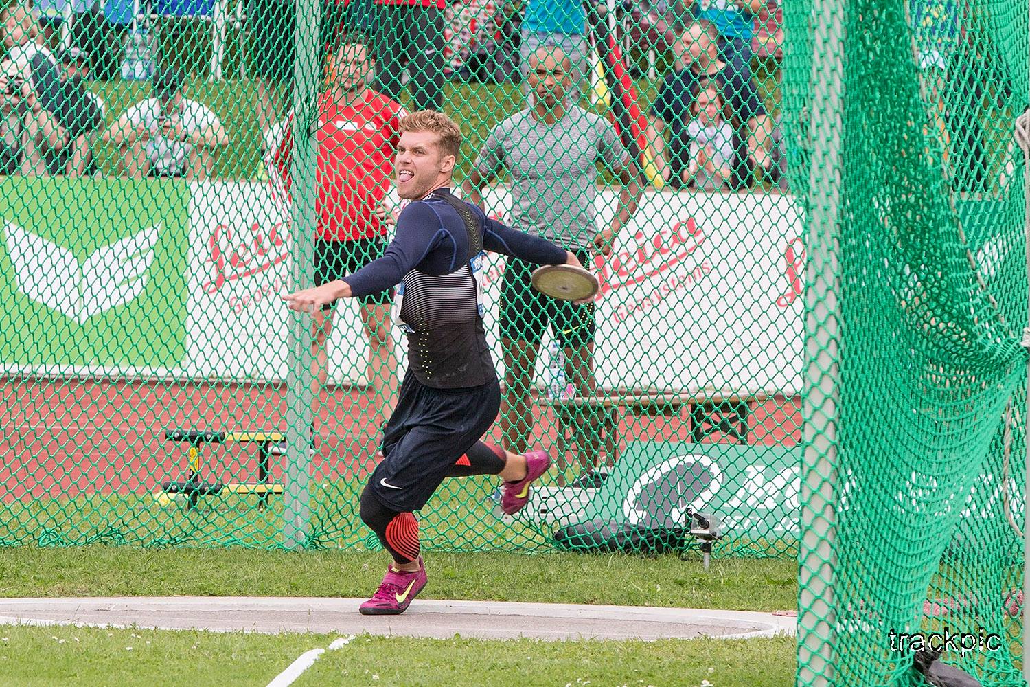 Kevin Mayer on the foreground, Kai Kazmirek and Damian Warner behind the cage. Photo by Olavi Kaljunen / trackpic.net