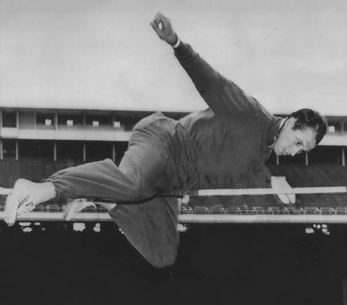 Vasili Kuznetsov clearing the high jump bar during training in Philadelphia on 16 July 1959