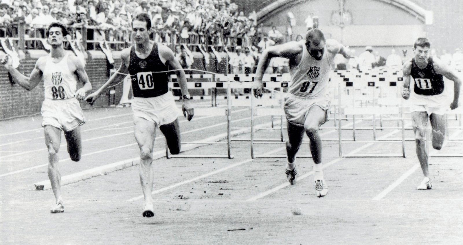 Vasili Kuznetsov winning the 110 m hurdles in Pennsylvania in 1959